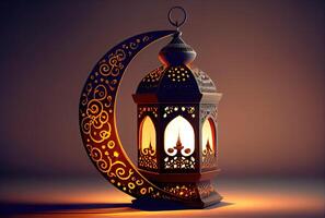 Ramadan Festival Laterne und Requisiten auf das Fußboden Hintergrund. Kultur und Religion Konzept. Digital Kunst Illustration. generativ ai foto