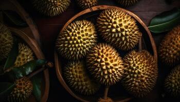 schließen oben von Durian im dunkel schwarz Hintergrund. frisch Obst und Gemüse Konzept. Ernährung und Vitamin Thema. generativ ai foto
