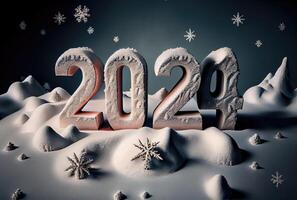 glücklich Neu Jahr 2024 Nummer auf schneebedeckt Winter Jahreszeit Hintergrund. Urlaub und Kultur Konzept. Digital Kunst Illustration. generativ ai foto