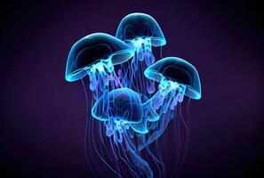 Meduse Qualle mit glühend Erleuchtung Licht unter das tief Meer im das dunkel Hintergrund. Marine Leben und Tier Konzept. generativ ai foto