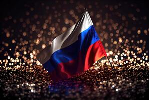 Russland Flagge mit bunt glänzend Bokeh Licht Hintergrund. Nation Flagge im das dunkel mit Erleuchtung Licht. National Tag Konzept. generativ ai foto