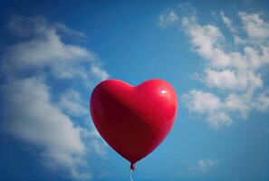 rot Ballon im Herz gestalten fliegend auf das Luft mit Blau Himmel Hintergrund. Valentinsgrüße Tag Konzept. generativ ai foto