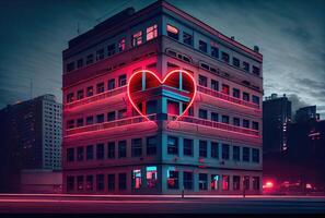 das rot Herz Neon- Beleuchtung Symbol ist im Vorderseite von ein Gebäude auf das Main Straße im das Stadt Hintergrund. Zeichen und Symbol Konzept. Digital Kunst Illustration. generativ ai foto