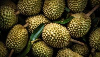 schließen oben von Durian im dunkel schwarz Hintergrund. frisch Obst und Gemüse Konzept. Ernährung und Vitamin Thema. generativ ai foto