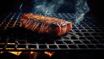 schließen oben von gegrillt Steak auf das Grill mit Flamme im dunkel schwarz Hintergrund. Essen Rezept und Zutat Konzept. generativ ai foto