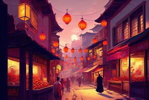 Menge Chinesisch Touristen im Chinatown Straße mit Chinesisch Laterne Hintergrund. Menschen Lebensstil und Chinesisch Neu Jahr Konzept. Digital Kunst Illustration. generativ ai foto