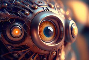 Nahansicht von Gelb Roboter Augen mit metallisch Struktur Hintergrund. Technologie und Innovation Konzept. generativ ai foto