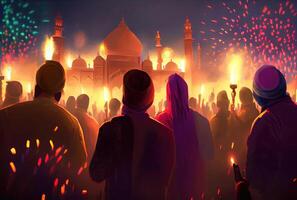 indisch Menge Menschen im das Diwali das Festival von Beleuchtung im das Nacht mit Kerze Beleuchtung Feuerwerk und Moschee Hintergrund. generativ ai foto