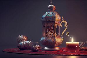 Ramadan Festival Laterne und Requisiten auf das Fußboden Hintergrund. Kultur und Religion Konzept. Digital Kunst Illustration. generativ ai foto