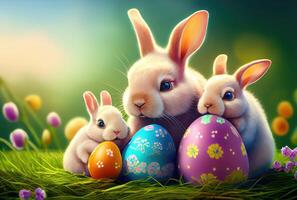 Kaninchen Familie im das Nest mit viele bunt Ostern Eier zum glücklich Ostern Tag Gruß Karte Hintergrund. Tier und Haustier Konzept. generativ ai foto