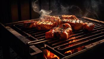 schließen oben von gegrillt Steak auf das Grill mit Flamme im dunkel schwarz Hintergrund. Essen Rezept und Zutat Konzept. generativ ai foto