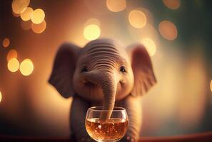 glücklich Baby Elefant halten getoastet Wein Glas im Party und golden Bokeh Licht Hintergrund. Tier und Tierwelt Konzept. Digital Kunst Illustration. generativ ai foto