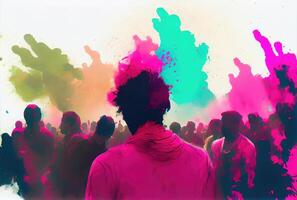 holi Festival das Festival von Farben mit Menge Menschen und bunt Pulver im das indisch Stadt. generativ ai foto