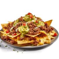 Mais Chips Nachos mit gebraten gehackt Fleisch und Guacamole isoliert Illustration ai generativ foto