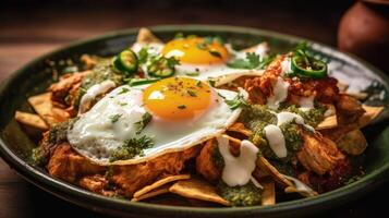 Mexikaner Chilaquiles mit gebraten Ei, Hähnchen und würzig Grün Soße Illustration ai generativ foto