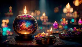 Diwali Festival mit bunt Kerzen Licht und Bokeh Hintergrund. generativ ai foto