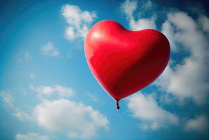 rot Ballon im Herz gestalten fliegend auf das Luft mit Blau Himmel Hintergrund. Valentinsgrüße Tag Konzept. generativ ai foto