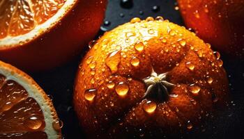 schließen oben von sauber Orangen mit Wasser fallen im dunkel schwarz Hintergrund. frisch Obst und Gemüse Konzept. Ernährung und Vitamin Thema. generativ ai foto