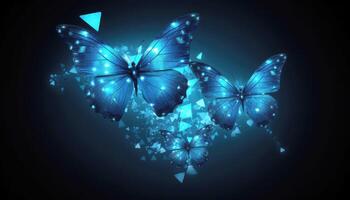 schön glühend Blau fraktal Schmetterlinge abstrakt auf schwarz Hintergrund. Geschäft Transformation Innovation und Störung Konzept. generativ ai foto