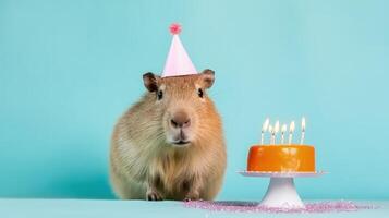 süß flauschige Capybara im Geburtstag Deckel mit Geburtstag Kuchen Illustration ai generativ foto