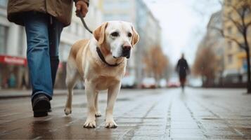 Inhaber und Hund Gehen im Stadt. Illustration ai generativ foto