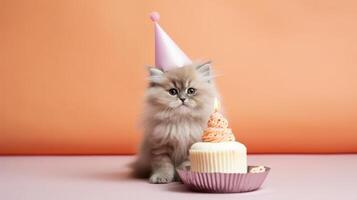 Geburtstag Katze mit Kuchen. Illustration ai generativ foto