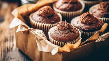 köstlich Schokolade Cupcakes im Karton Illustration ai generativ foto