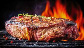 schließen oben von gegrillt Steak auf das Grill mit Flamme im dunkel schwarz Hintergrund. Essen Rezept und Zutat Konzept. generativ ai foto