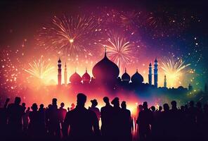 Menge Menschen im Diwali Festival Feier mit bunt Feuerwerk auf das Himmel Hintergrund. generativ ai foto