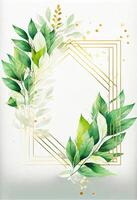 Grün Blätter mit golden Rahmen Vorlage und Kopieren Raum zum Gruß Hochzeit Karte und Werbung Konzept Kunst. generativ ai foto