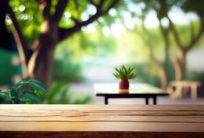 leeren Tabelle mit verschwommen Grün natürlich Park Garten oder Hinterhof Hintergrund. Natur und draussen Konzept. generativ ai foto