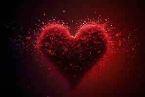 rot Herz mit Staub Partikel Zerfall bewirken auf rot Hintergrund. generativ ai foto