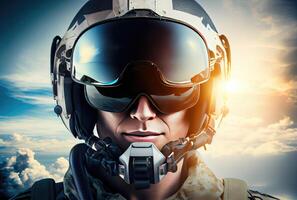 Kopf Schuss von Kämpfer Pilot fliegend auf das hoch Himmel im das Luftraum zum National Verteidigung oder Welt Krieg. Porträt von Soldat. generativ ai foto
