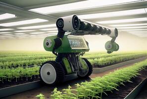 Roboter Landwirtschaft Ernte landwirtschaftlich Produkte im Gewächshaus. innovativ Futuristik Technologie und 5g Clever Landwirtschaft Konzept. generativ ai foto