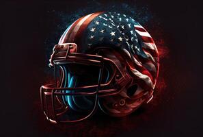 amerikanisch Fußball Helm im das dunkel mit Beleuchtung Hintergrund. Sport und Athlet Konzept. generativ ai foto