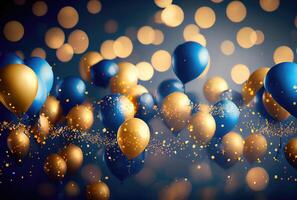 Blau und Gold Luftballons zum Neu Jahr Party Feier mit Konfetti Hintergrund. generativ ai foto