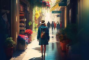 Einkaufen Tourist Frau Gehen auf das Einkaufen Center Straße Hintergrund. Menschen und Reise Konzept. Digital Kunst Illustration. generativ ai foto