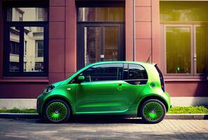 Grün Zukunft Auto auf das Straße im das Stadt städtisch Szene beim Tag Hintergrund. Technologie und Transport Konzept. generativ ai foto