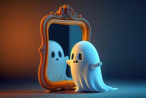 süß gespenstisch Stoff Geist suchen in das Betrachtung Spiegel im Halloween Party Hintergrund. komisch Charakter Kunst Konzept. und generativ ai foto