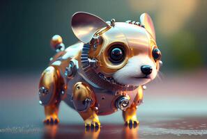 Roboter Hund mit metallisch Körper auf das minimal Hintergrund. Haustier Spielzeug Technologie und Kinder Zubehör Konzept. generativ ai foto
