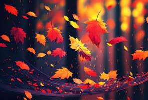 rot Ahorn Blätter im das Wind mit Landschaft Hintergrund. Herbst und fallen saisonal Konzept. Digital Kunst Illustration. generativ ai foto