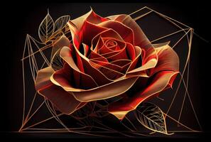 rot Rose mit geometrisch golden Rahmen Zeichnung Linie Hintergrund. generativ ai foto