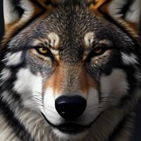 Gesicht von ein Wolf mit ein dunkel Hintergrund. generativ ai foto