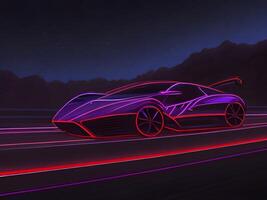 Beschleunigen Sport Auto auf Neon- Autobahn. generativ ai foto