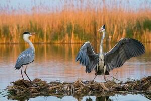 grau Reiher im Sumpf. Vogel Verhalten im natürlich Lebensraum. foto