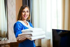 ein Maid Arbeiten im ein Hotel Zimmer foto