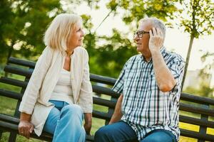 ein Senior Paar Ausgaben Zeit zusammen im das Park foto