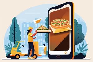 Person mit ein Handy, Mobiltelefon App zu bestellen Essen Lieferung, betonen das Bequemlichkeit von auf - - Nachfrage Dienstleistungen Illustration generativ ai foto