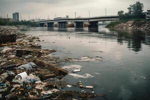 verschmutzt Fluss mit Müll und industriell Abfall Illustration generativ ai foto