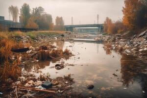 verschmutzt Fluss mit Müll und industriell Abfall Illustration generativ ai foto